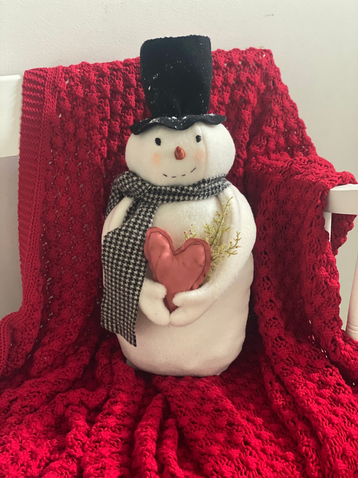 Tall Snowman with Heart- Valentine Snowman- 17 1/2 inch Wool Scarf Snowman- Valentine Decor- Removable heart