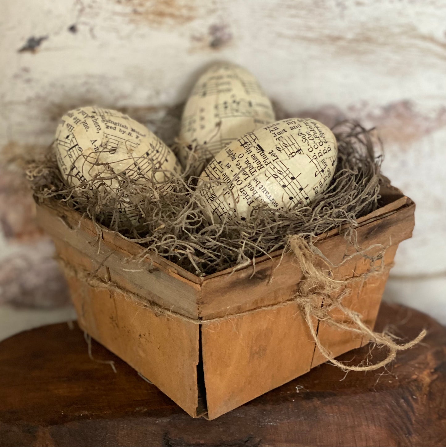 Easter Eggs in Basket- Decoupaged Eggs in pint basket- decoupage Wood Eggs in Pint Basket - Farmhouse Eggs - Primitive Easter