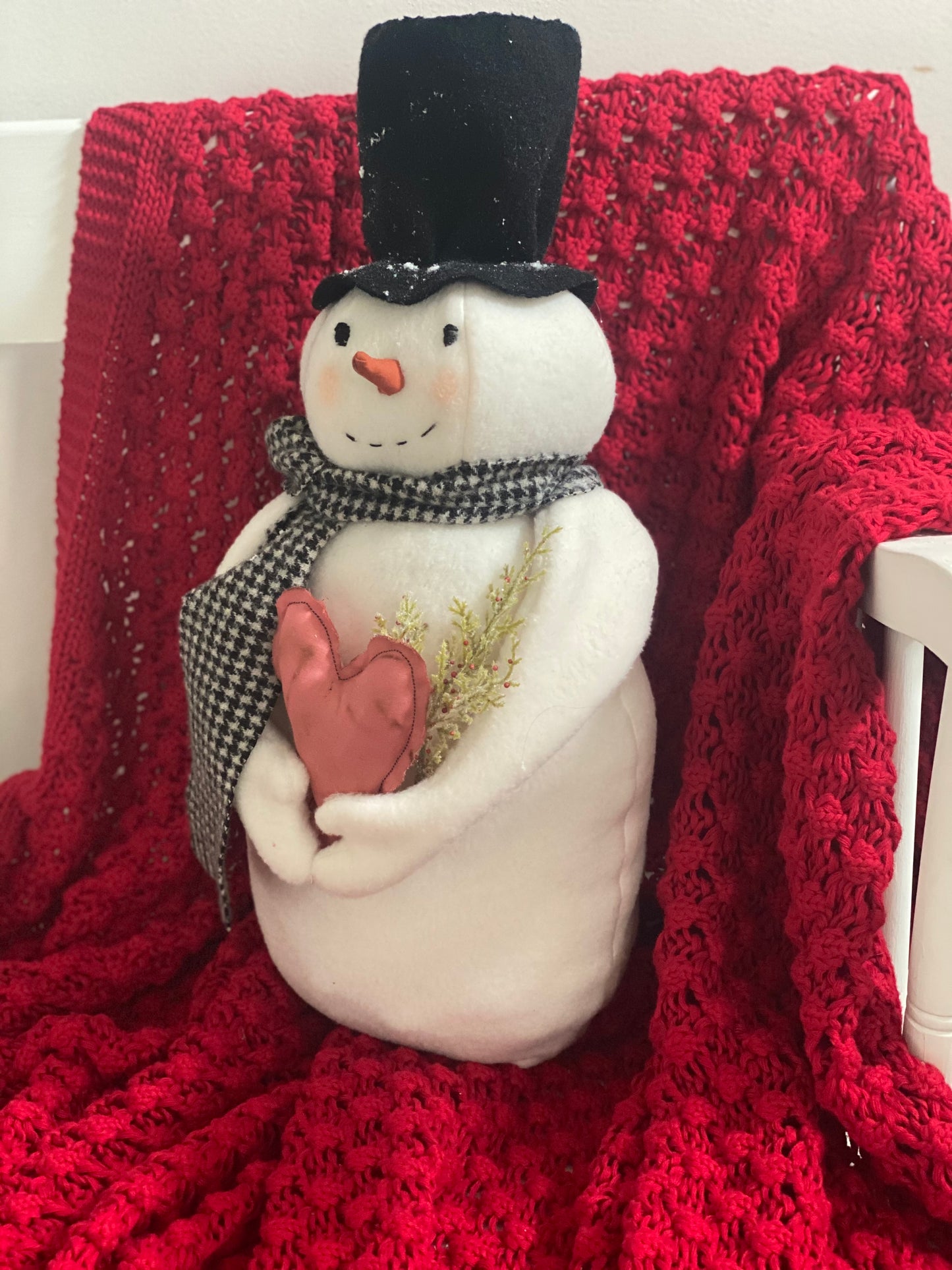 Tall Snowman with Heart- Valentine Snowman- 17 1/2 inch Wool Scarf Snowman- Valentine Decor- Removable heart