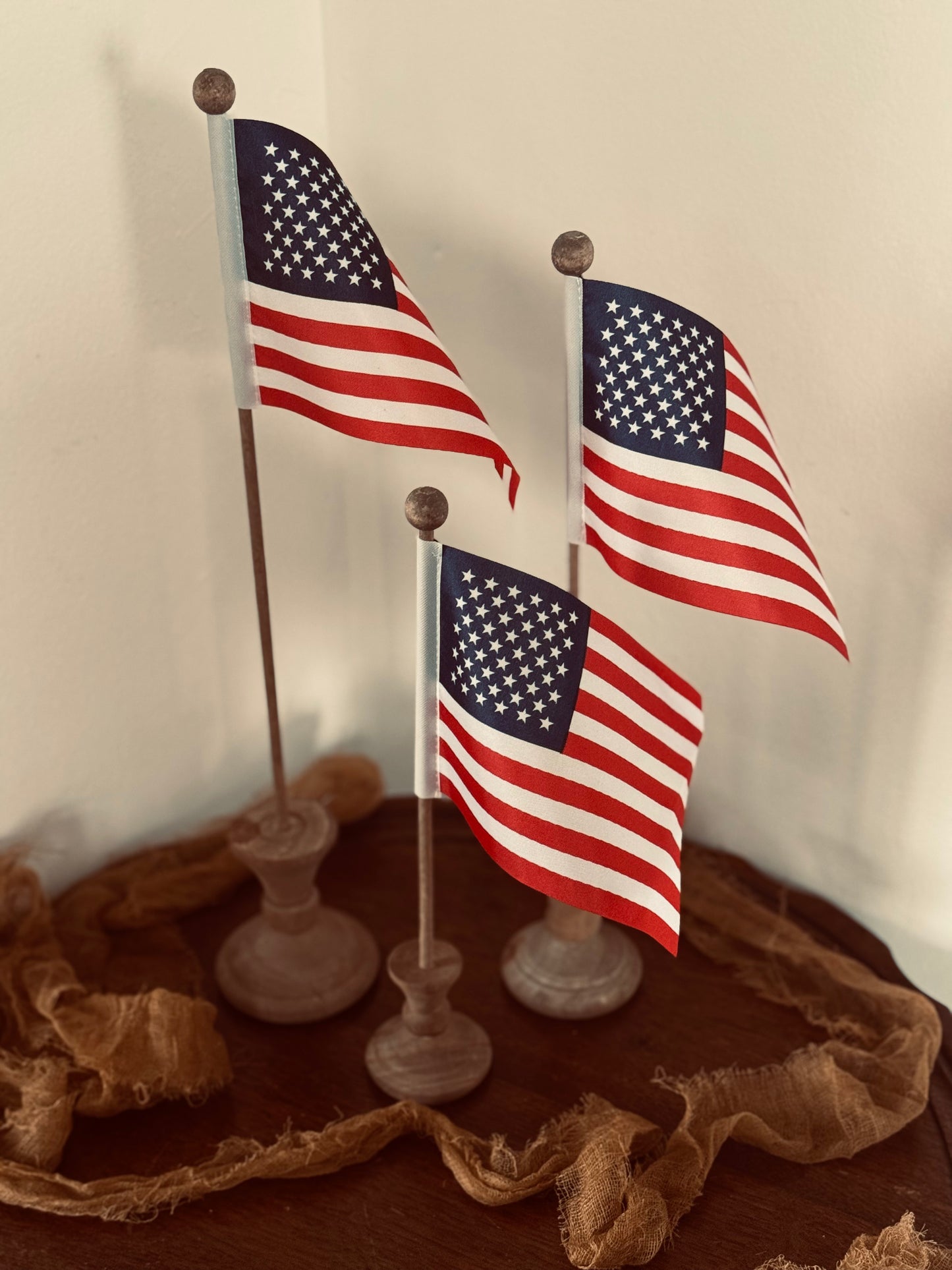 USA Flags SET OF 3 Flags on wood spools