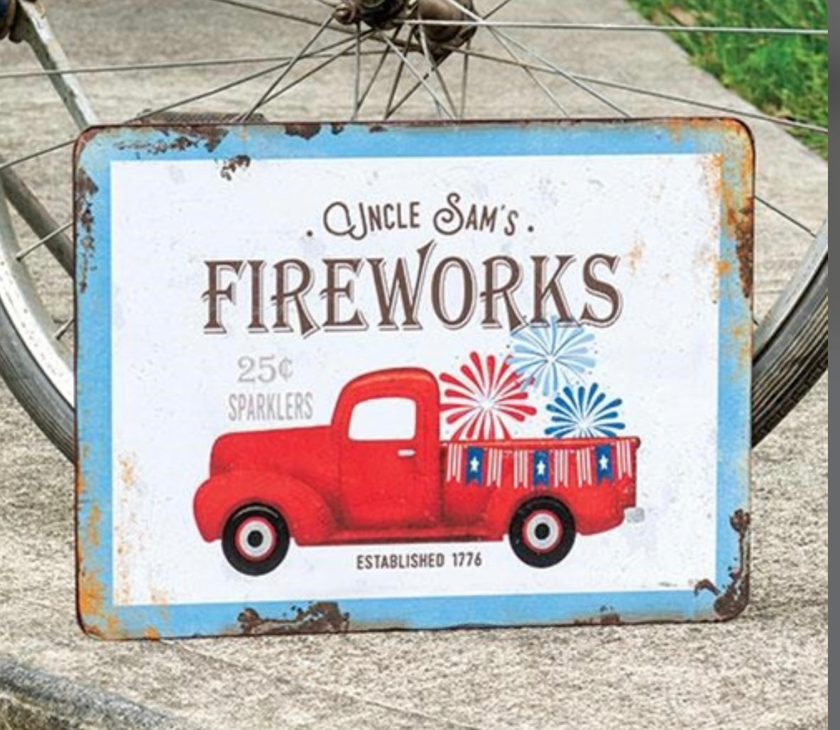 Uncle Sam Fireworks Red Truck metal sign - only 1 left