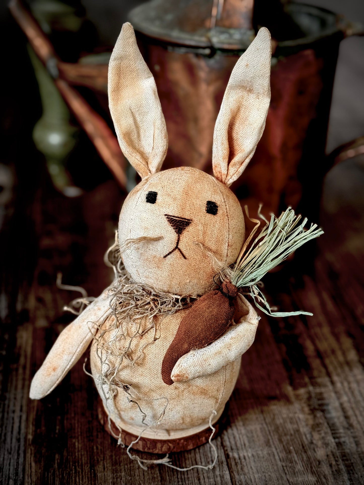 Handmade Bunny on Wood Base- Bunny with Carrot- Primitive Bunny- Farmhouse Easter Bunny