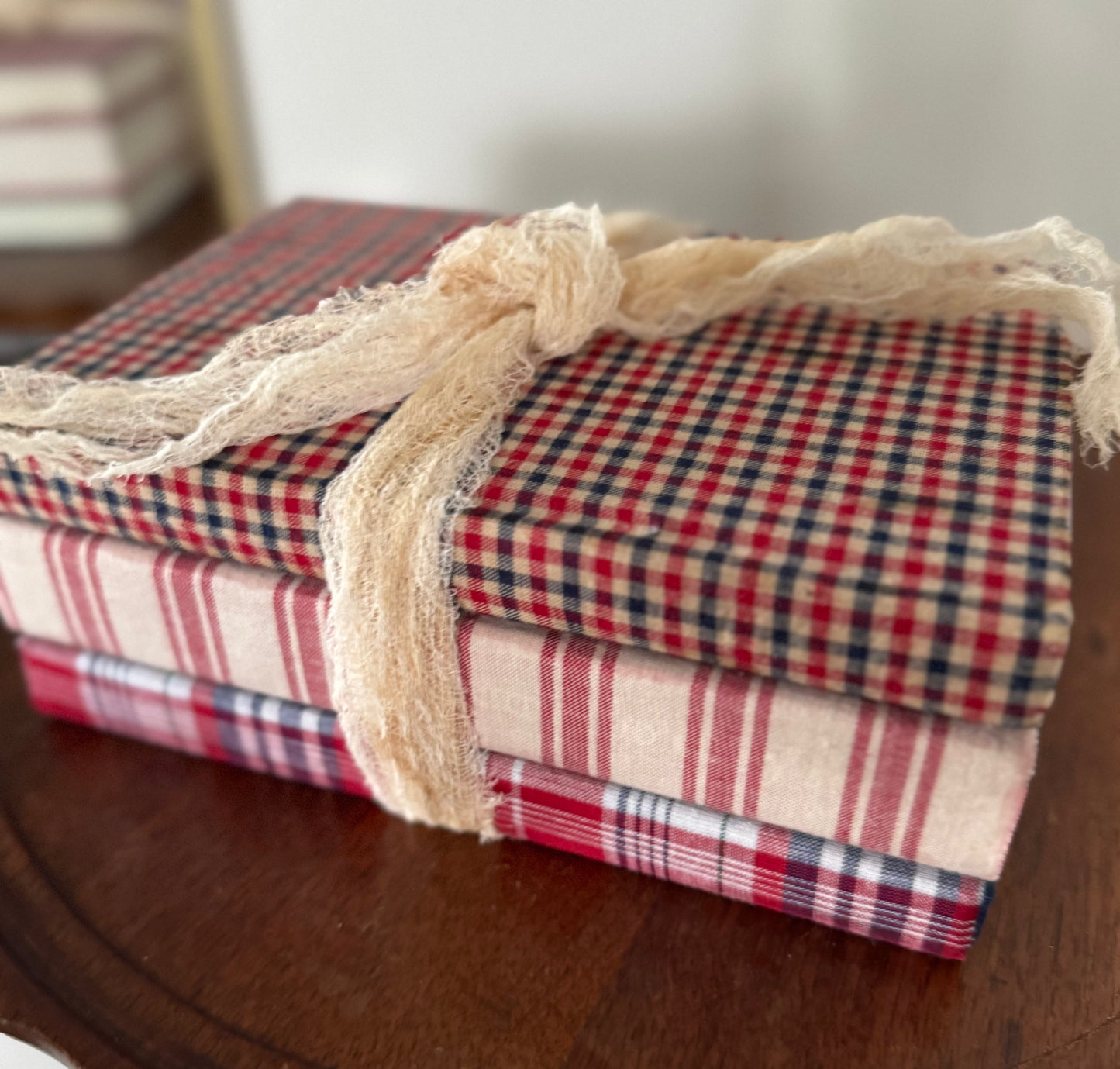 Fabric Covered Americana books- Patriotic Fabric covered books - 4th of July decor- book risers - SET of 3 Americana book decorations
