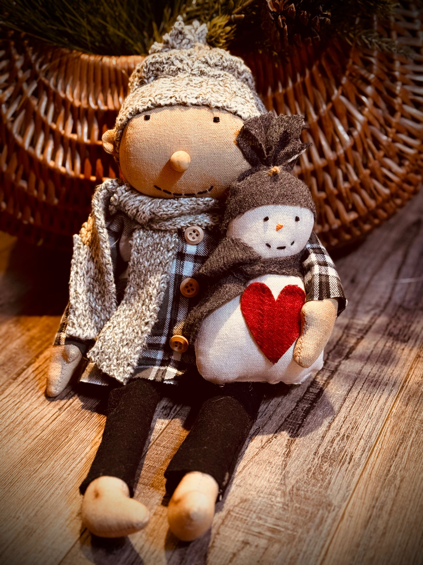 Winter boy with snowman- Fred the winter friend with a snowman- Handmade primitive doll- PRE-ORDER