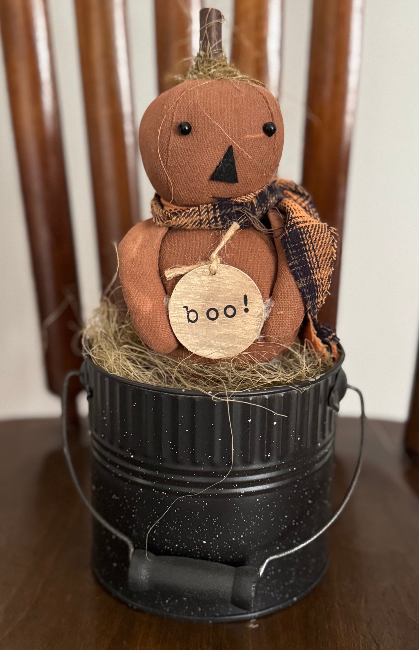 Pumpkin in a pail - farmhouse pumpkin doll in can - Primitive Pumpkin Decor- Fall Harvest