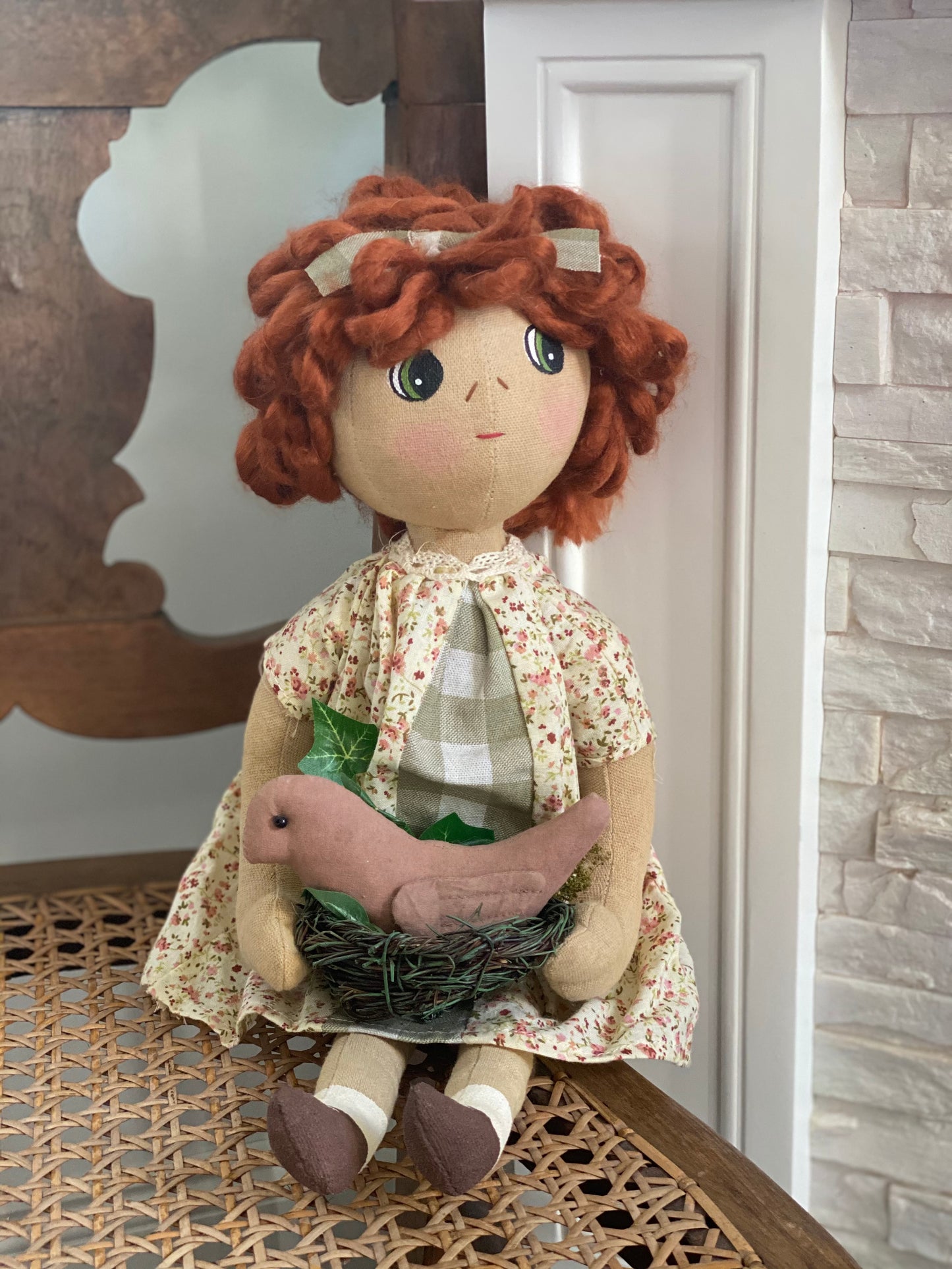 Handmade Doll with Bird - Red Head Doll- ***dolls hair is a little ruffled up