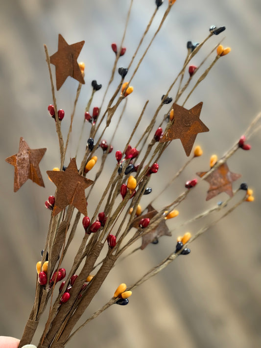 Americana Pip Berry Red with Rusty Stars white and blue pip berry - Patriotic Floral Picks