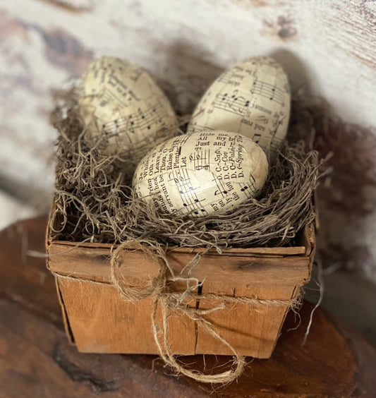 Easter Eggs in Basket- Decoupaged Eggs in pint basket- decoupage Wood Eggs in Pint Basket - Farmhouse Eggs - Primitive Easter