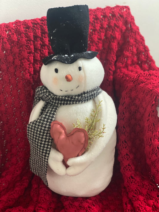 Tall Snowman with Heart- Valentine Snowman- 17 1/2 inch Wool Scarf Snowman- Valentine Decor- Removable heart