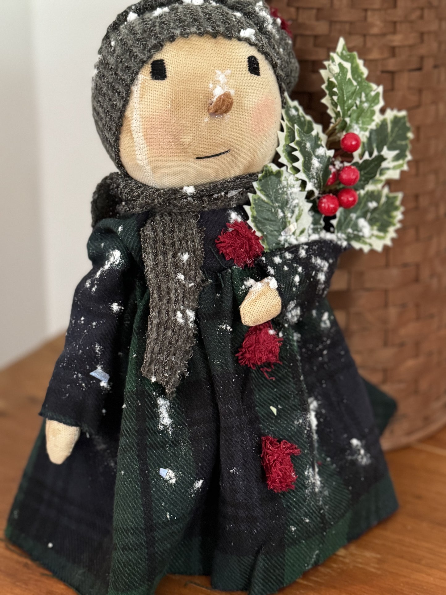 Snowlady - Primitive Snowgirl- Holly Snowgirl- Farmhouse Snowman- Handmade Snowman
