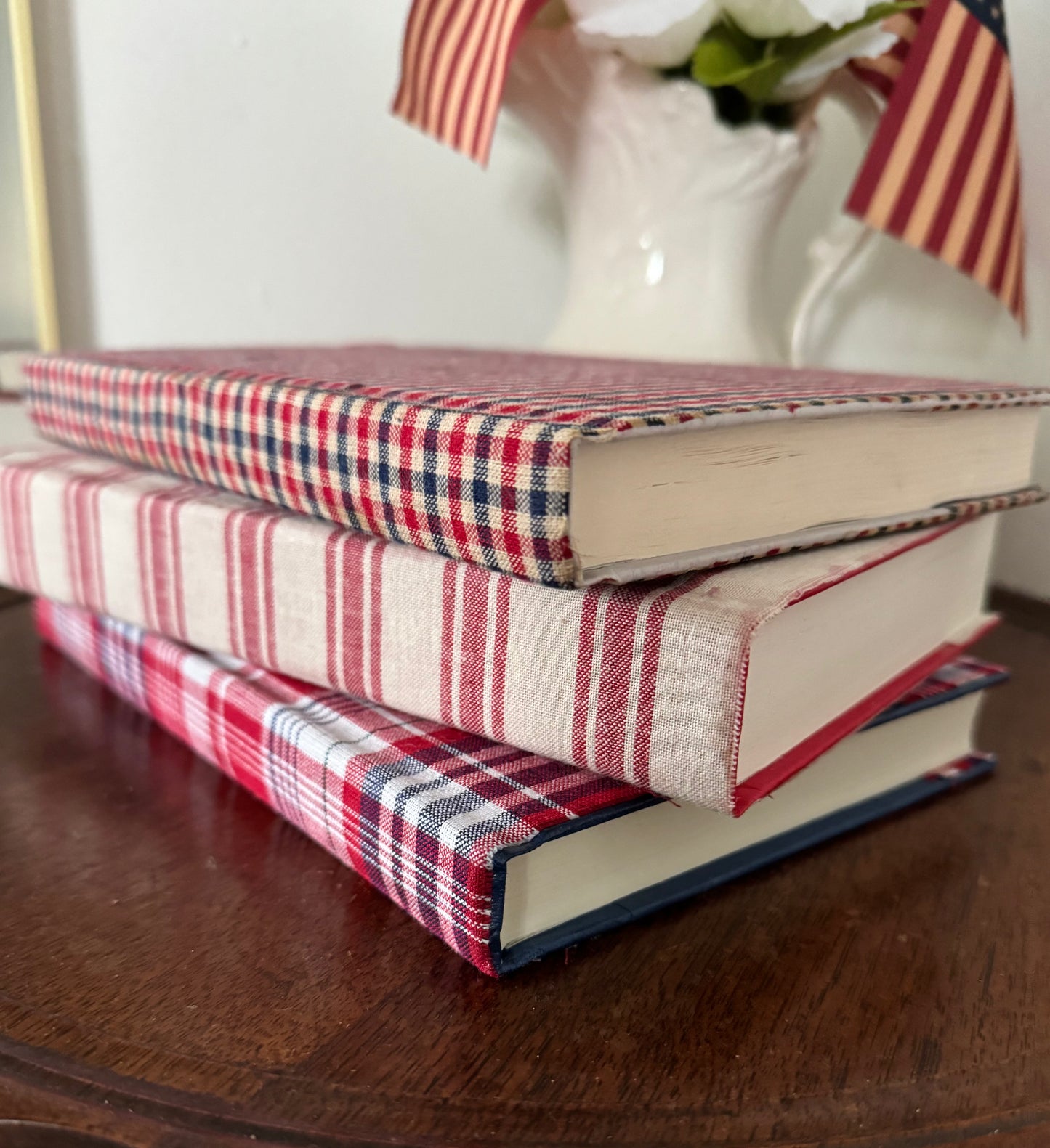 Fabric Covered Americana books- Patriotic Fabric covered books - 4th of July decor- book risers - SET of 3 Americana book decorations