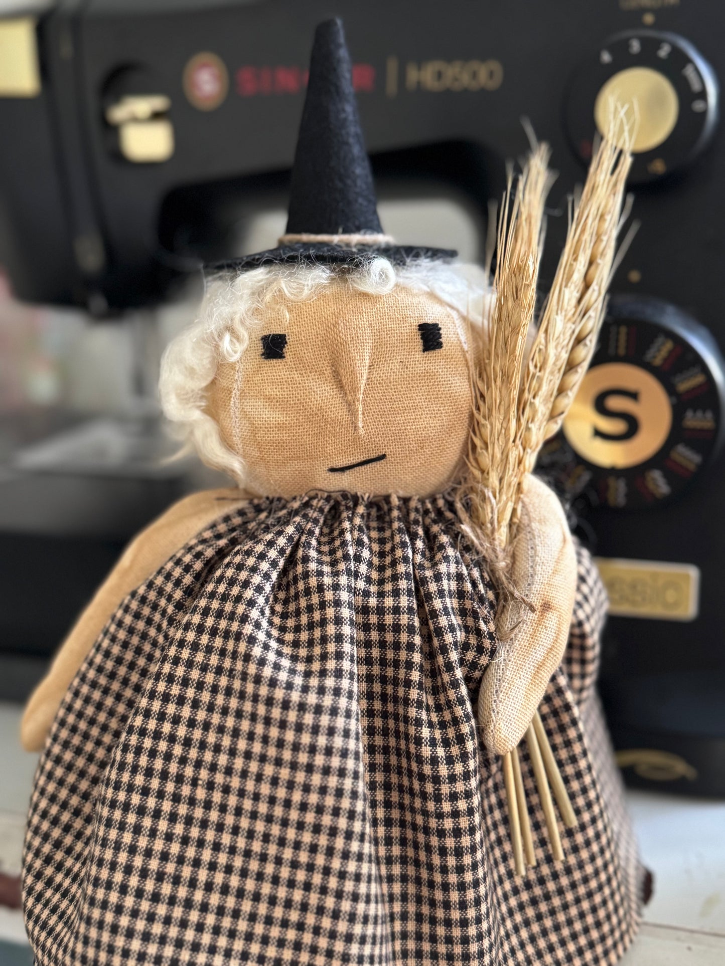 Handmade Witch Doll- Primitive Witch- Roly Poly Witch with real mohair locks