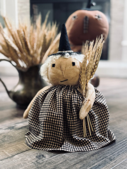 Handmade Witch Doll- Primitive Witch- Roly Poly Witch with real mohair locks