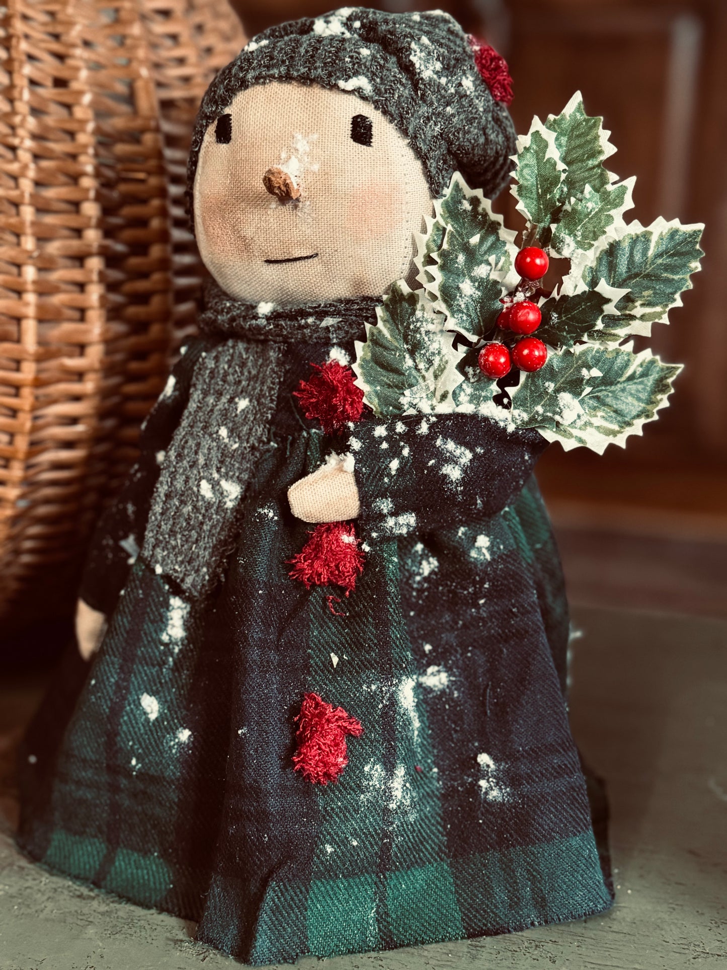 Snowlady - Primitive Snowgirl- Holly Snowgirl- Farmhouse Snowman- Handmade Snowman