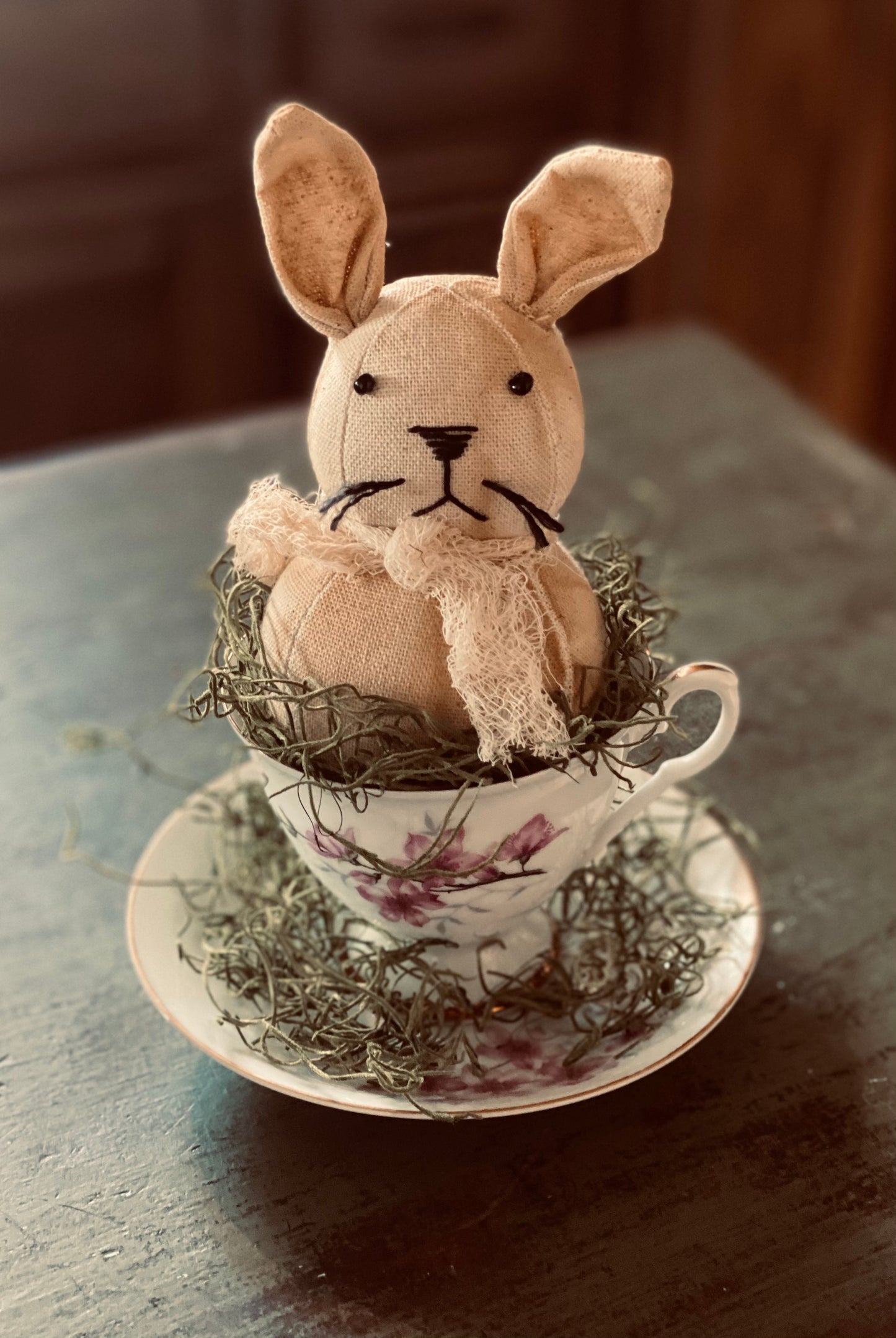 Tea Cup Bunny - Handmade bunny in vintage tea cup