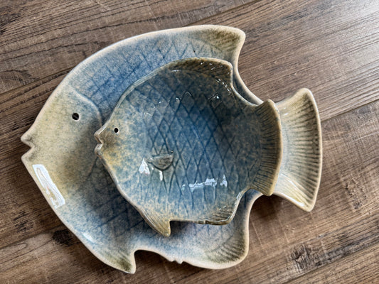 Pottery Fish SET- Beach Fish Tray & bowl-Ceramic Beach Tray - Fish Trinket Dish- beach home decor- Vintage Pier 1 ceramic fish