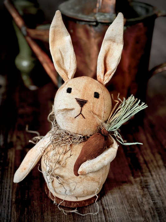 Handmade Bunny on Wood Base- Bunny with Carrot- Primitive Bunny- Farmhouse Easter Bunny