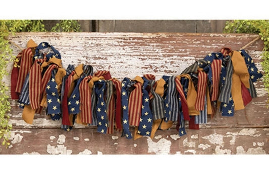 Americana Rag Fabric Garland- Patriotic scrappy garland- Primitive Fabric Garland 4th of July decor