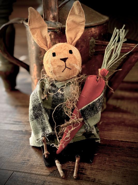 Primitive Bunny with stick arms and legs- Primitive farmhouse Bunny with Carrot- Easter Bunny