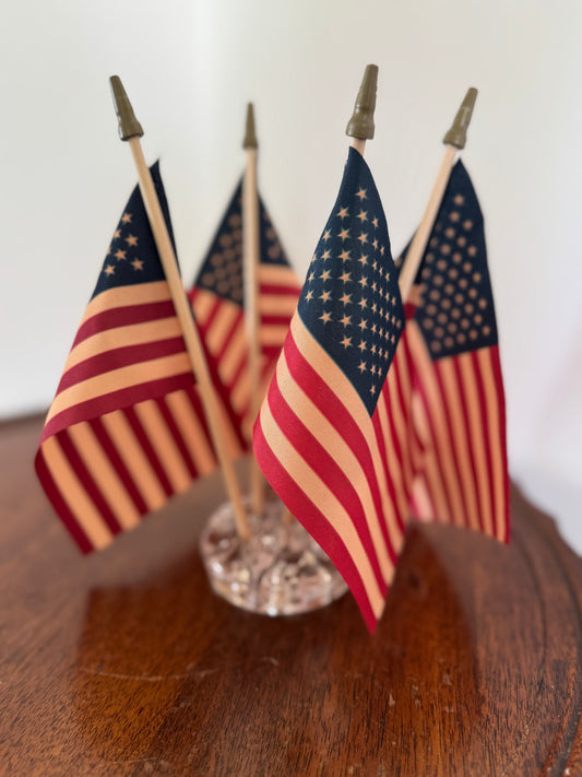 American Flags in Glass flower frog- Tea Stained American Flags SET - Flags with Vintage flower frog