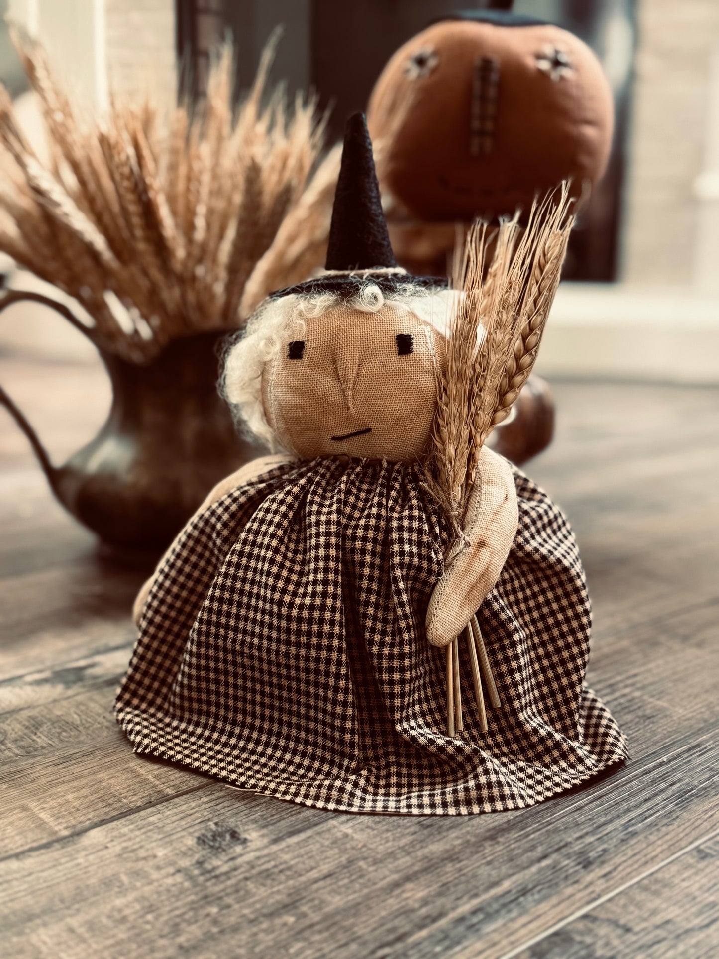 Handmade Witch Doll- Primitive Witch- Roly Poly Witch with real mohair locks