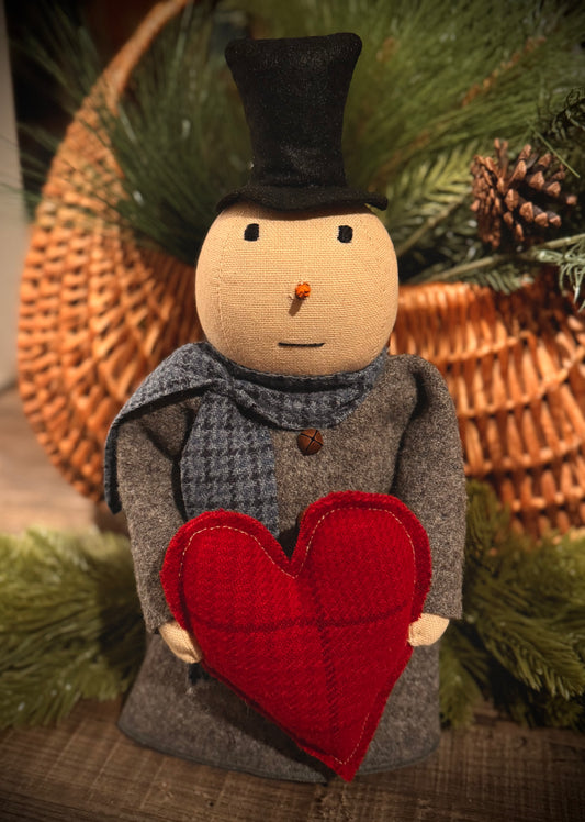 Valentine Snowman- Primitive Snowman Valentine- Wool Fabric