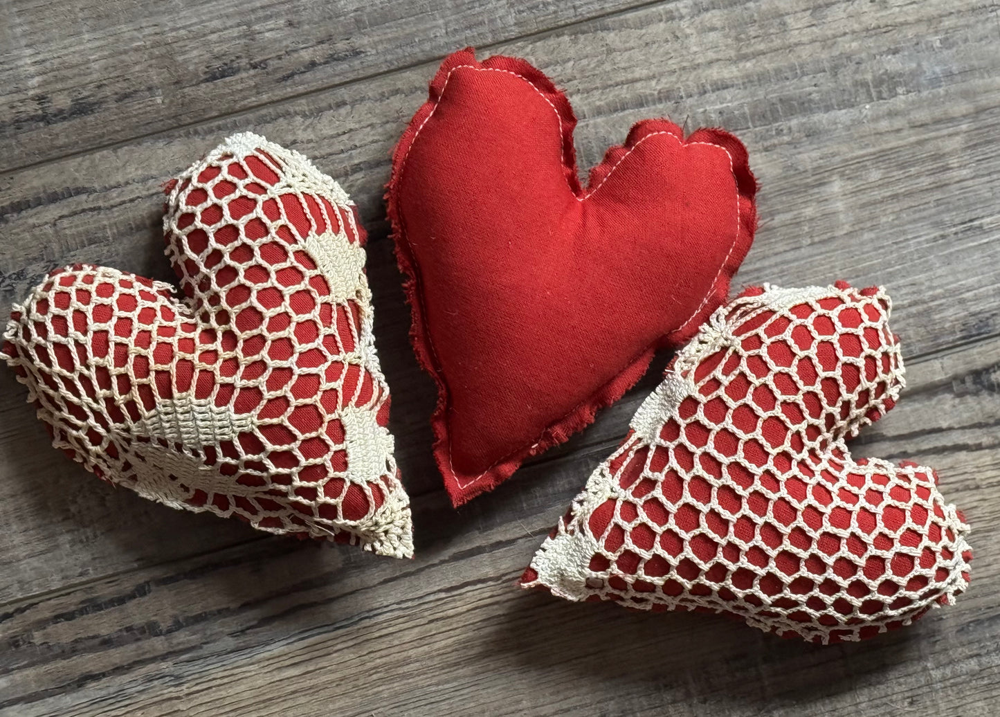 Valentine Hearts - Valentine Bowl Fillers- Handmade Hearts with Vintage Crocheted Doily SET OF 3