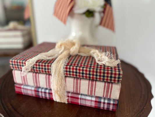 Fabric Covered Americana books- Patriotic Fabric covered books - 4th of July decor- book risers - SET of 3 Americana book decorations