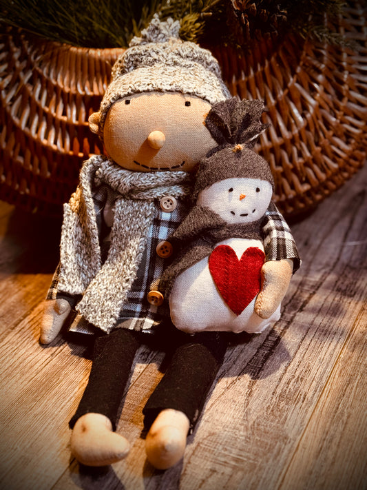 Winter boy with snowman- Fred the winter friend with a snowman- Handmade primitive doll- PRE-ORDER
