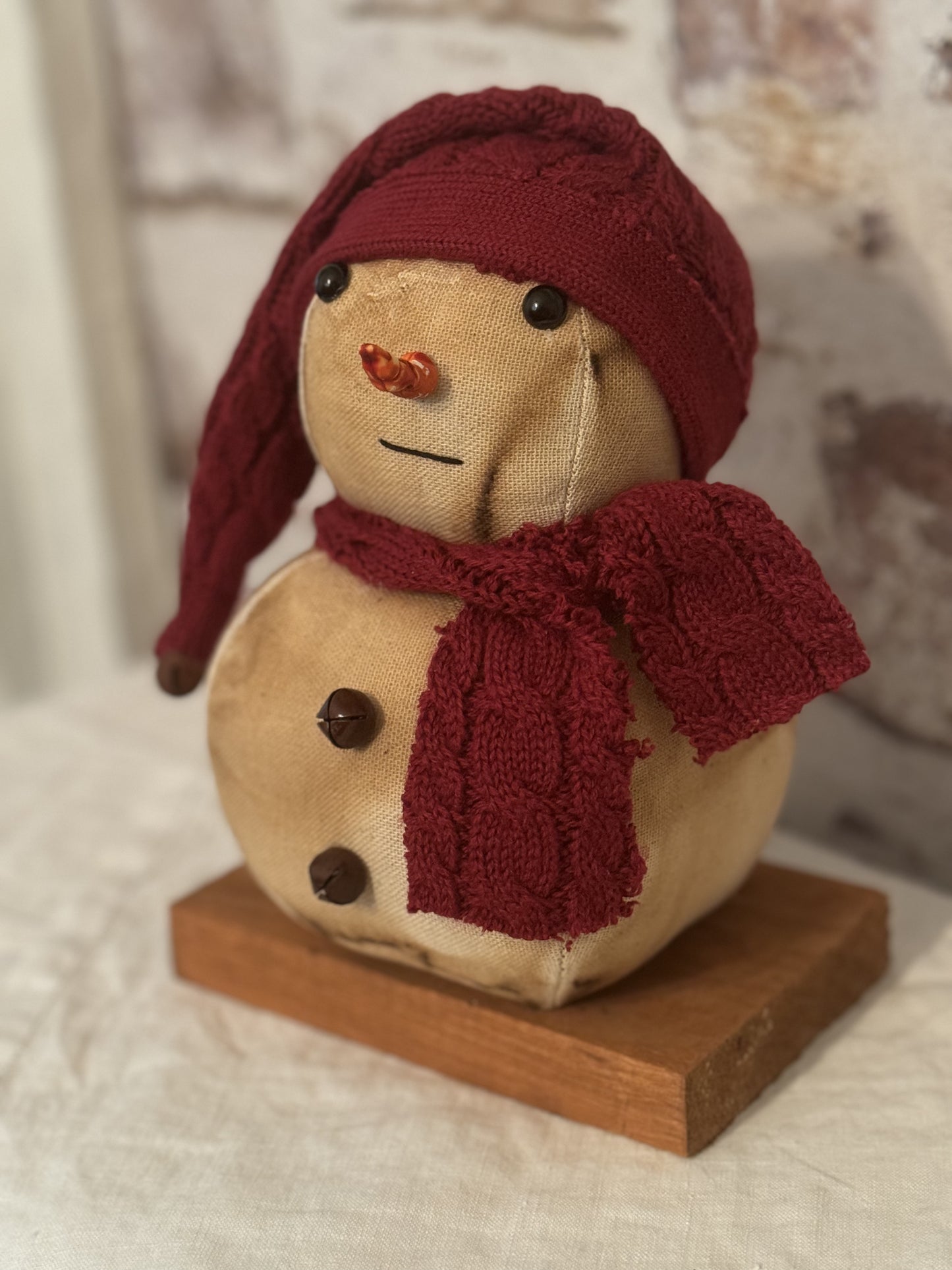 Snowman on Wood Base-Handmade Snowman-Farmhouse Snowman-Primitive Snowman-Rustic Snowman