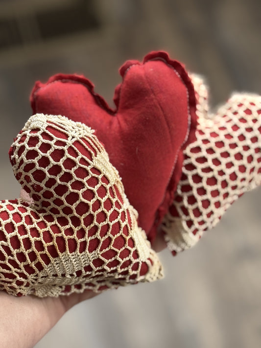 Valentine Hearts - Valentine Bowl Fillers- Handmade Hearts with Vintage Crocheted Doily SET OF 3