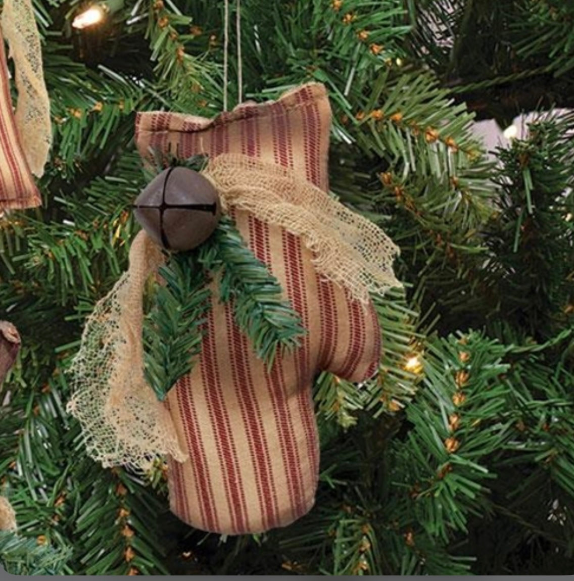 Farmhouse Mitten Ornament- Grain Sack Stripe Mitten Ornament- primitive mitten ornament