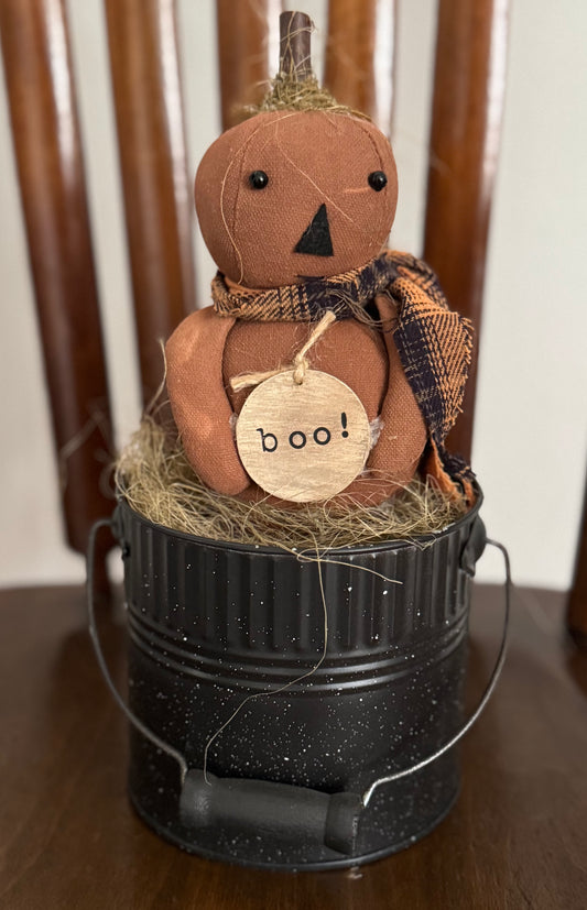Pumpkin in a pail - farmhouse pumpkin doll in can - Primitive Pumpkin Decor- Fall Harvest