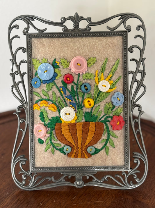 Embroidered Floral Art- Framed Embroidery with Buttons