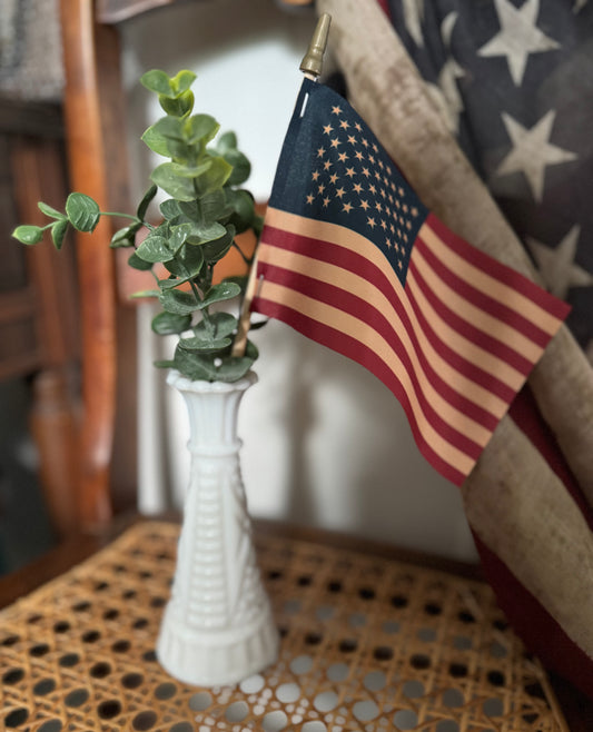 Americana Decor - Vintage milk glass with flag floral arrangement