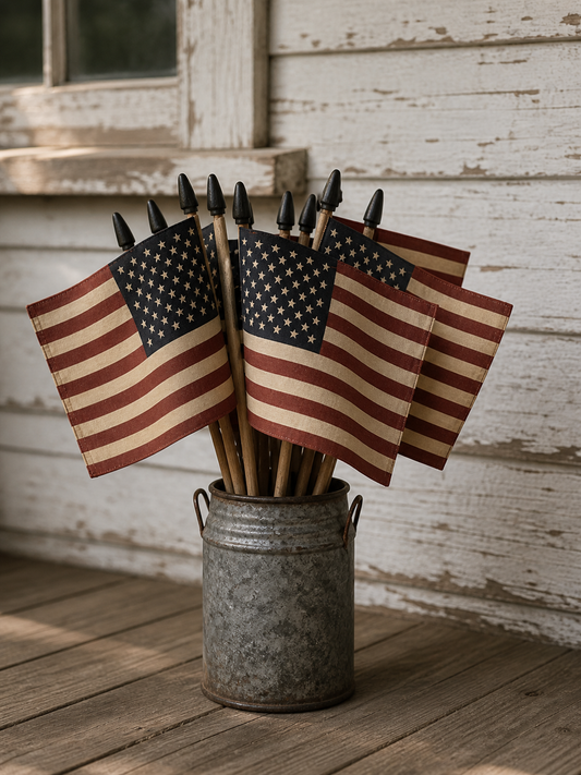 US Flags on stick - SET of 2 American Flags - Vintage Style Tea Stained Primitive Flags