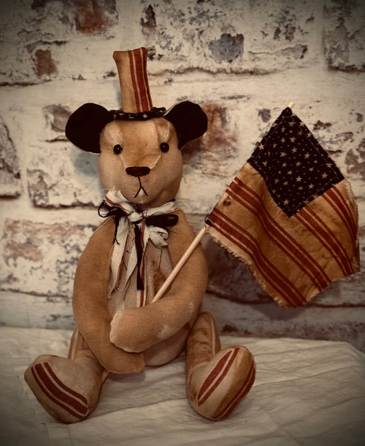 Handmade Patriotic Bear - Primitive Americana Bear with handmade flag